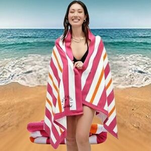 Beach Riot Club Vibrant Pink, White & Orange Striped Beach Towel 30x68 *BNIP
